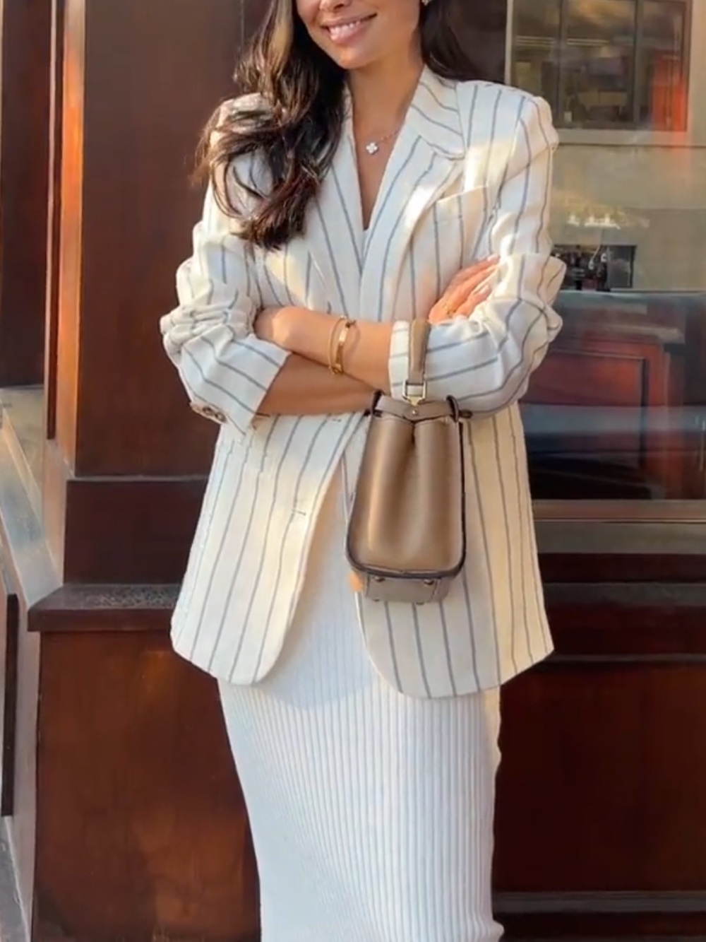 Striped Cream Blazer Jacket - Women